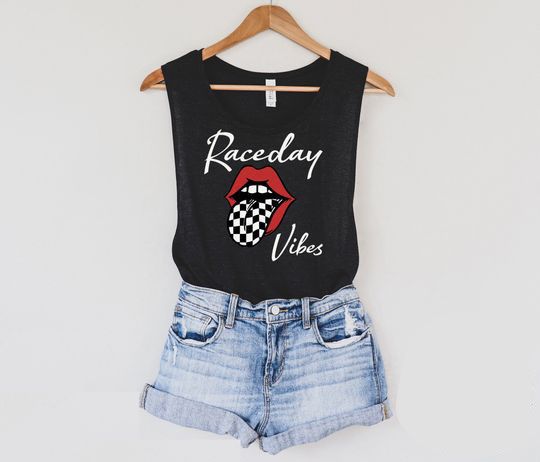Raceday Vibes Ladies Muscle Tank, Stock Car Dirt Bike Motocross Supercross Dirt Track Sprint Car UTV Race Fans Race Day Shirt