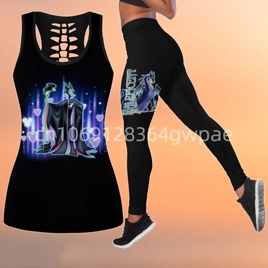 Disney Tank Top Legging Set Maleficent Villains Women Book Hollow Leggings Sports