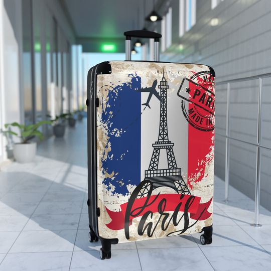 Made in Paris suitcase on wheels,  holiday in France, roller case, secure lockable carry on bags, hard shell travel suitcase, France flag