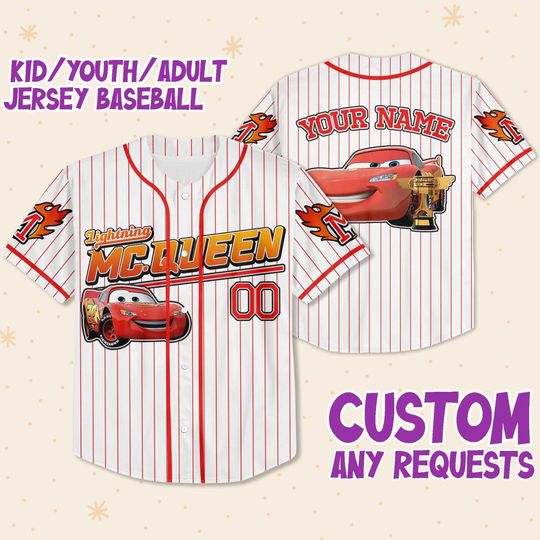 Custom MCQUeen Car Red, Lightning Mcqueen Jersey, Custom Text Baseball Jersey