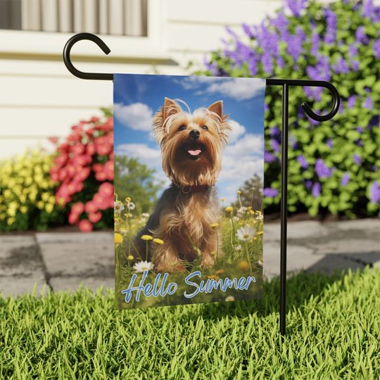 Adorable Yorkshire Terrier Hello Summer Small Garden Flag - Perfect Addition to Your Outdoor Decor!