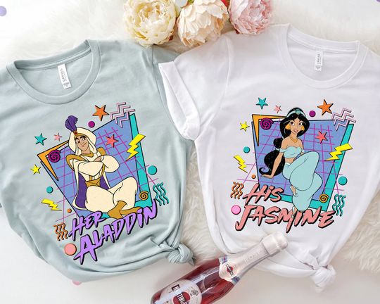 Retro 90s Disney Couples His Jasmine and Her Aladdin T-shirt, Hercules Squad Valentines Day Matching Tee
