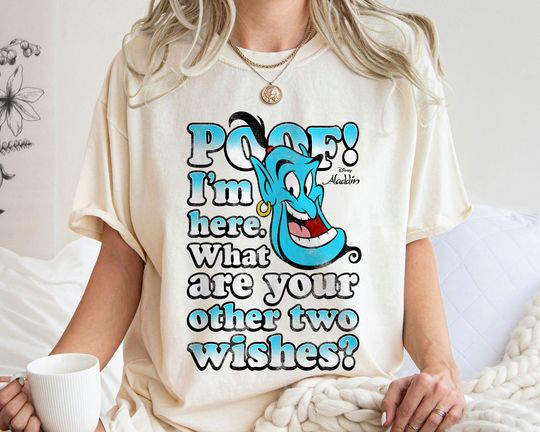 Disney Aladdin Genie POOF! 2 Wishes Gradient Text Portrait Shirt Family Matching Walt Disney World Shirt Gift Ideas Men Women
