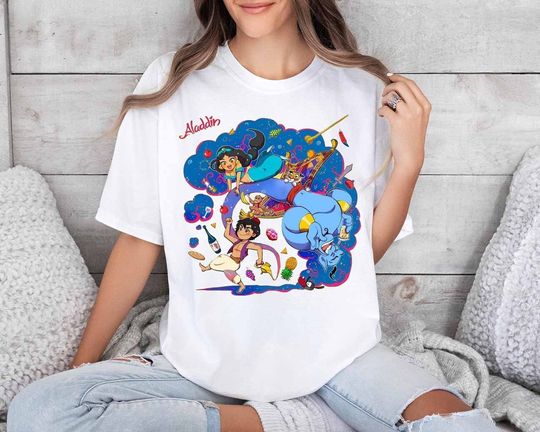 Disney Aladdin Cute Jasmine & Aladdin Flying Carpet Floral Poster Shirt, WDW Magic Kingdom Disneyland Trip Family Vacation Holiday Gift
