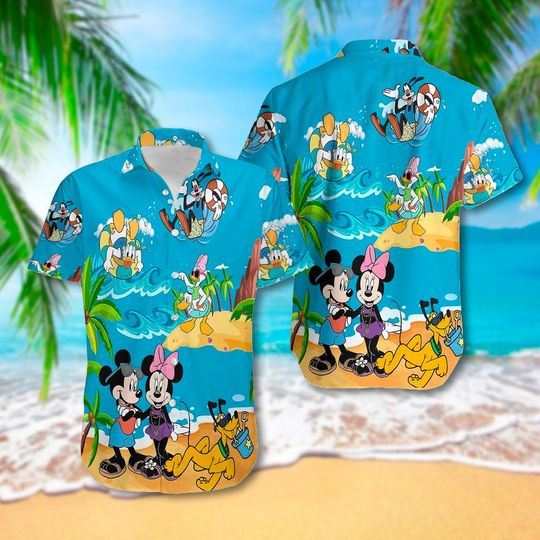 Cute Duck And Dog Surfing Aloha Shirt, Mouse PLaying