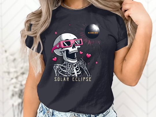 Discover Solar Eclipse 2024 T-Shirt, Skeleton Watching Eclipse