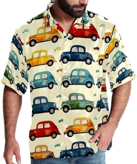 Colorful Vintage Cars Hawaiian T-Shirt, Aloha Beaches Button Up Shirt
