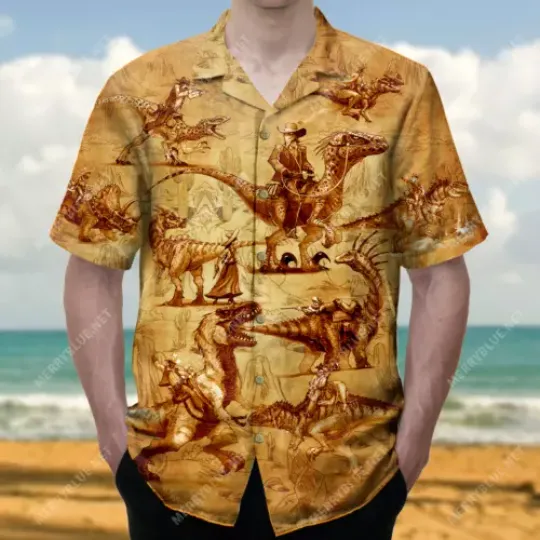 Cowboys Ride Dinosaurs Into The Desert Unisex Hawaiian Shirt