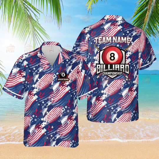 Personalized Star American Flag Billiard Hawaiian Shirt Custom Billiard Shirt for Team Button Down Aloha Gift For Billiard Lover Pool Player