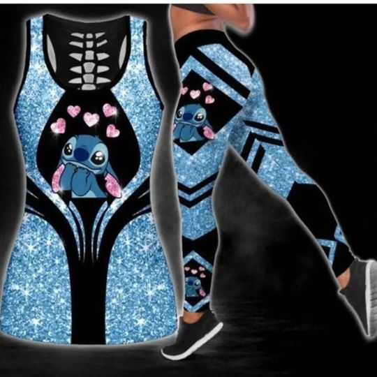 Disney Stitch Cartoon Hollow Tanktop Leggings Yoga Set Summer Fitness