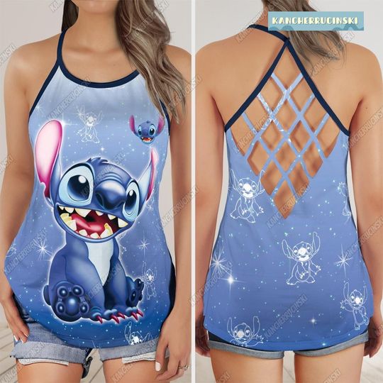 Stitch Criss Cross Tank Top, Stitch Cartoon Tank Top, Disney Character Tank Tops For Women