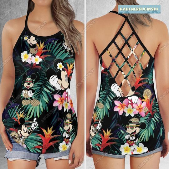 Mickey Mouse Criss Cross Tank Top, Disney Mickey Yoga Tank Top, Love Disney Mickey Ears Gym Tank Top