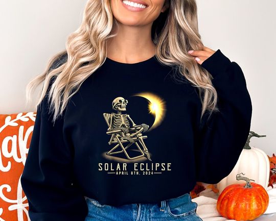 Total Solar Eclipse April 8 2024 Sweatshirt, Skeleton Solar Eclipse Sweatshirt, Funny Skeleton Eclipse Hoodie, Celestial Sweatshirt