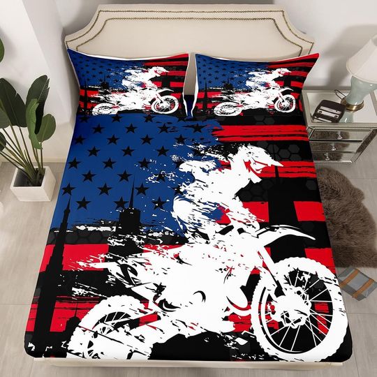 Motorcycle Bedding Sets For Boys Full Motocross Rider Fitted Sheet Set American Flag Army Camo Fitted Bedding Set