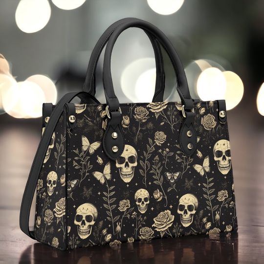Gold Skull and Roses PU Leather Tote Bag, Goth Witch Trendy Fashion Handbag, Dark academia Vegan Leather Handbag Gift, Boho Crossbody Bag