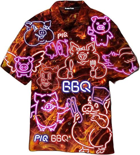 Chilling and Grilling Pig BBQ Hawaiian Shirts for Men Button Down,BBQ Party Halloween Aloha Shirt,Grilling Pattern Shirt