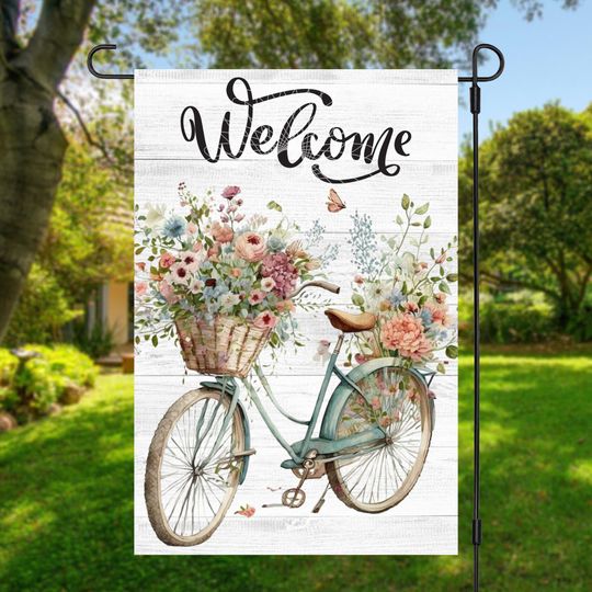 Garden Flag Sublimation Design, Bicycle and Flowers, Hello Spring