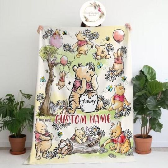 Personalized Watercolor Winnie the Pooh Blanket, WDW Disneyland Pooh Bear