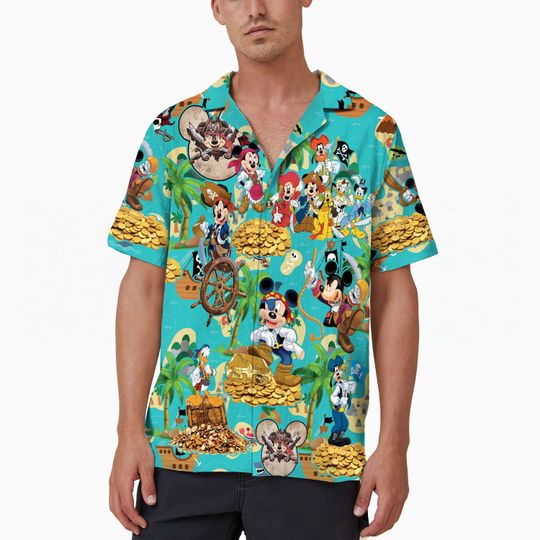 Mickey and Friends Treasure Hunter Hawaiian Shirt, Disney Pirates Button Up Shirt