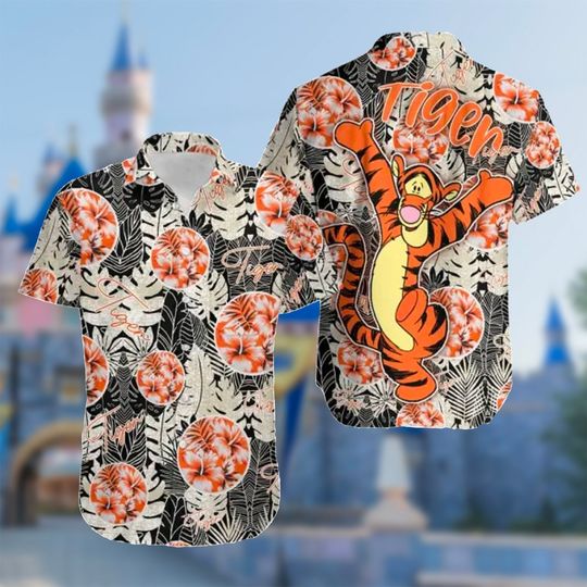Floral Tiger Hawaii Shirt, Bear And Friend Cartoon Button Up Shirt Holiday, Tiger Hawaiian Shirt, Tiger 3D All Over Print Shirt
