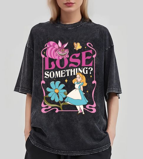Alice In Wonderland Cheshire Cat Lose Something Mineral Wash T-Shirt, Retro 70s Floral Disney Washed T-shirt