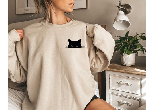 Cat Sweatshirt,Cute Cat Sweatshirt,Black Cat Shirt,Cat Peeking Sweatshirt,Womens Funny Sweatshirt,Gift for Cats Lover,Cat Mom Sweatshirt