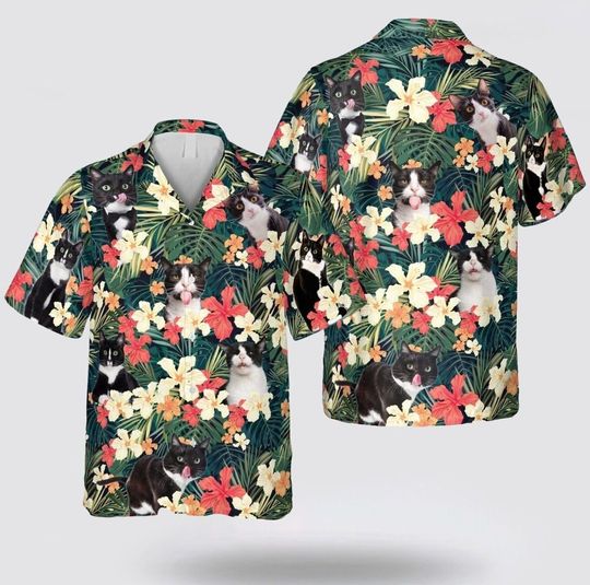 Tuxedo Cat With Face Funny Yellow And Red Flower Hawaiian Shirt For Cat Lover
