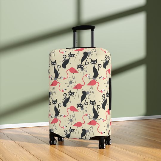 Atomic Cat, Flamingo Mid Century Modern Luggage Cover, Retro Whimsy MCM Starburst Cream, Pink, Gray Suitcase Protector