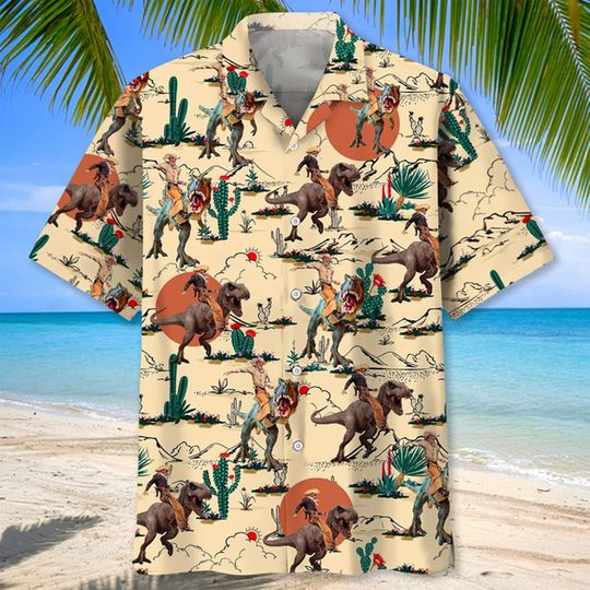 Dinosaur Desert Hawaiian Shirt, Cowboys and Dinosaur Hawaiian, Dinosaur Hawaiian, Jurassic Park Shirt, Tropical Dinosaur, Cowboy Hawaii