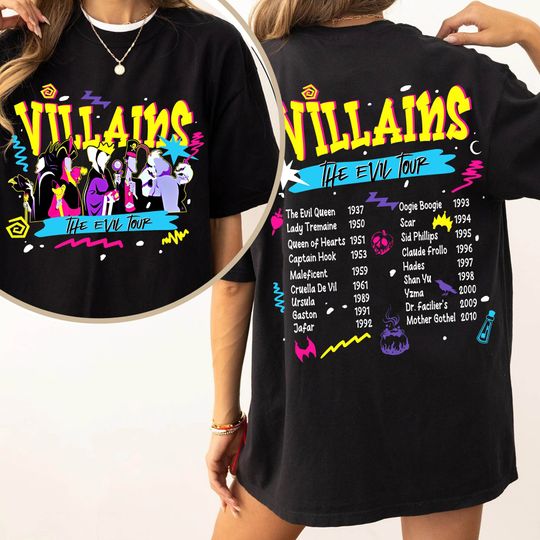 Two Sided Retro Disney Villains The Evil Tour Comfort Colors Shirt, Maleficent Evil Queen Ursula Jafar Washed T-shirt, Disneyland Trip