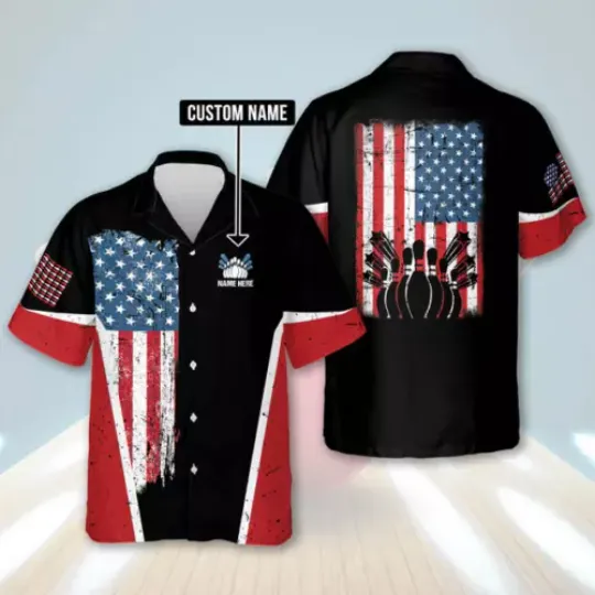USA Bowling Flag Hawaiian Shirt, Custom Name Hawaiian Shirt