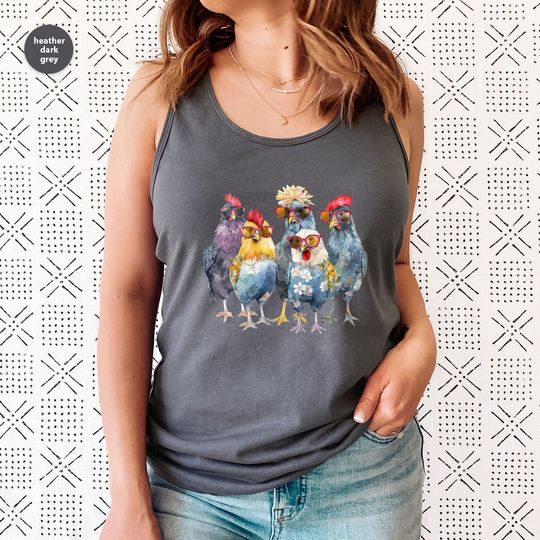Funny Chickens Tanktops, Animal Tank, Farm Gift for Women, Cute Farmer Outfit, Farm Vneck Tshirt, Floral Graphic Tees