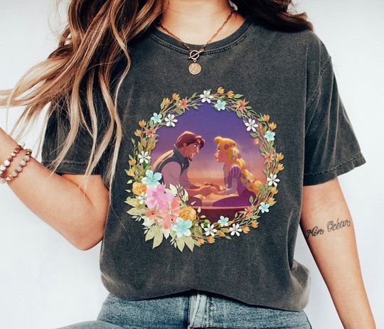 Vintage Floral Princess Rapunzel and Flynn Rider Shirt