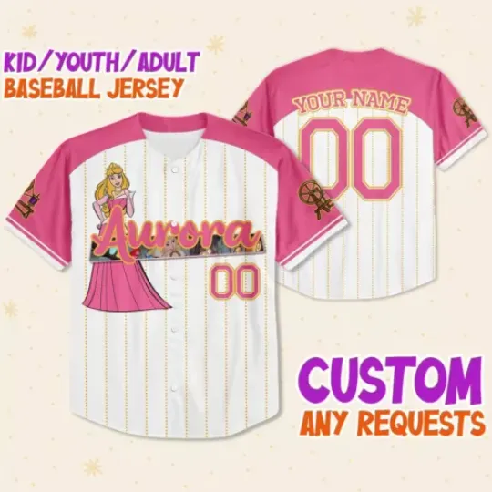 Custom Disney Princess Aurora Sleeping Beauty, Custom Kids,Youth Baseball Jersey