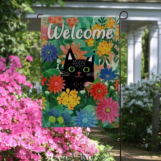 Colorful Cat Spring Garden Flag, Cute Cat Garden Flag, Floral Black Cat Flag, Kitten Garden Flag, Pet Cat Yard Flag, Spring Floral Flag