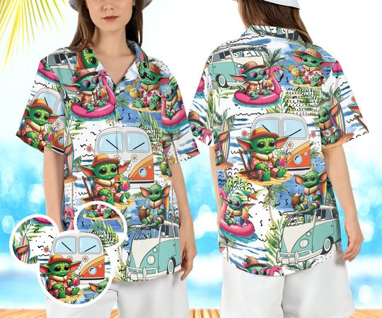 Baby Yoda Beach Hawaiian Shirt, Baby Yoda Flamingo Hawaii Shirt