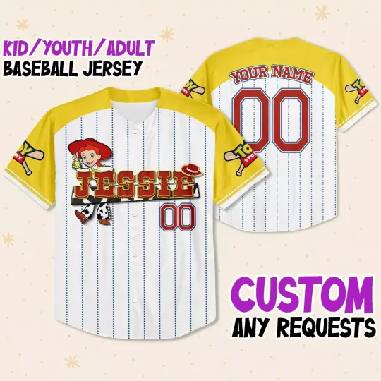 Custom Toy Story Jessie Yellow Jersey, Personalized Text Jersey, Disney Baseball Jersey