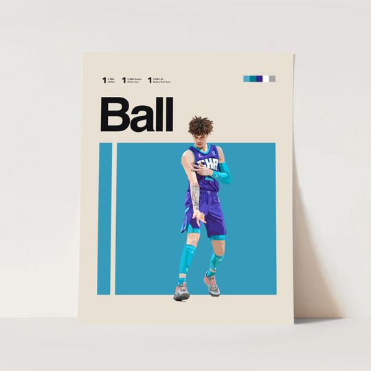 LaMelo Ball Poster, Charlotte HornArt, Mid-Century Modern, NBA Poster, Office Wall Art, Bedroom art