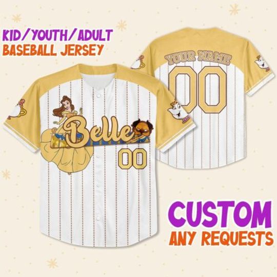 Custom Disney Princess Belle Beauty and the Beast, Custom Kids Baseball Jersey