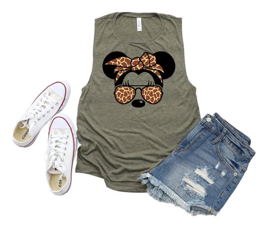 DISNEY Inspired  Minnie Tank, Minnie Animal Print Sunglasses, Womens Muscle Tank