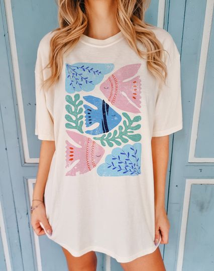 Perfect Beach Tee, Vintage Modern Ocean Botanical Tropical Fish Shirt