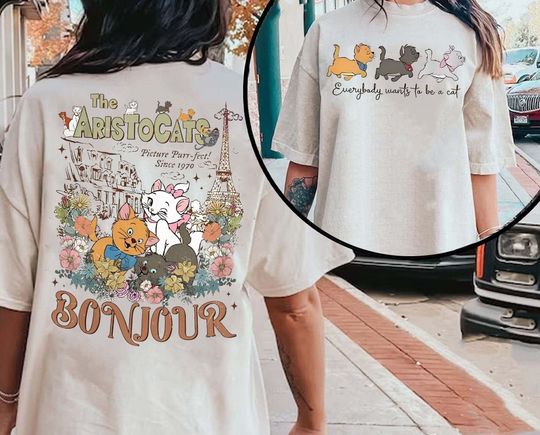 Vintage Two-Sided Aristocats Bonjour Shirt | Disney Floral Aristocats T-Shirt, Disneyland Family Trip Gift