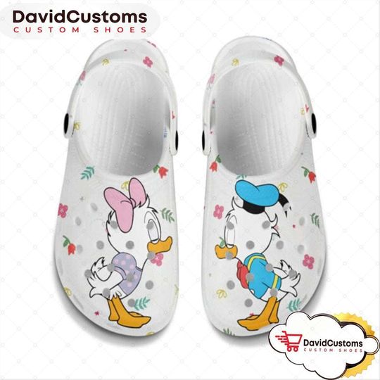Little Donald Daisy Kissing White Pattern Disney Clogs Shoes
