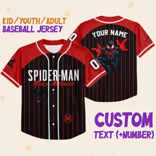 Personalize Spiderman Miles Morales Black Red, Custom Kid Disney Baseball Jersey