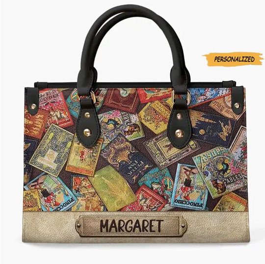 Personalized Book Lover Leather Bag, Book Seamless Pattern