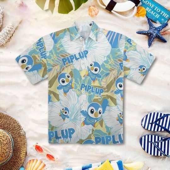 PKM Piplup Flowers Pattern Hawaiian Shirt, Monster With Crown Button Up Shirt