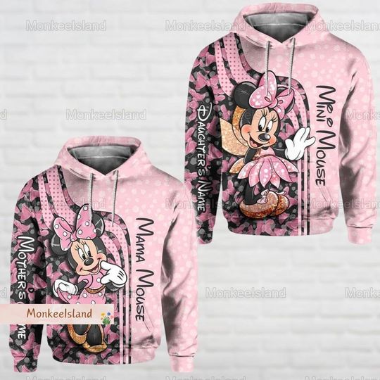 Disney Mama And Mini Mouse Hoodie, Minnie Mouse 3D Hoodie, Personalized Hoodie, Disney Minnie Hoodie, Mommy Daughter Gift