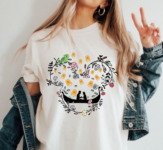 Rapunzel Flynn Rider Pascal Mickey Ears Floral Shirt, Tangled Disney T-shirt