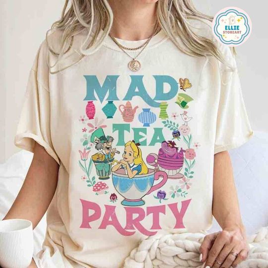 Vintage Mad Tea Party Disney Alice in Wonderland Shirt, Floral Alice Mad Hatter Cheshire Cat