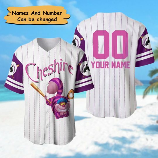 Custom Name & Number Wonderland Cat Baseball Jersey, Funny Purple Cat Basketball Jersey